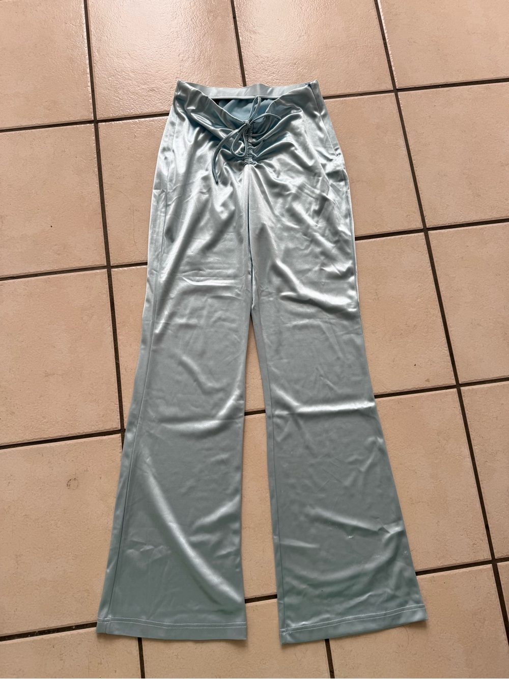 Satin Wide-Leg Tie-Front Pants — Light Blue